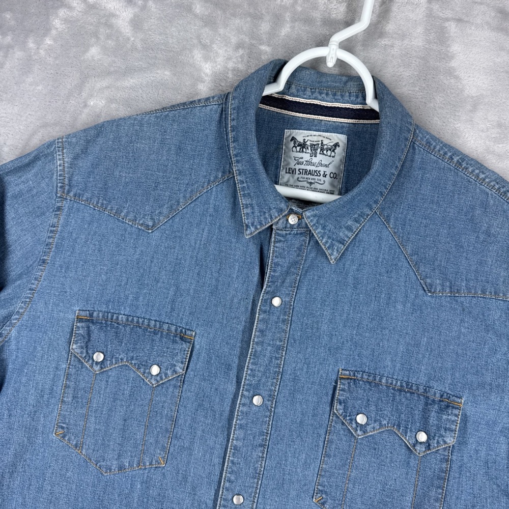 LEVI'S Two Horse Brand Denim Shirt Mens XL Blue Pearl Snap Sawtooth Selvedge